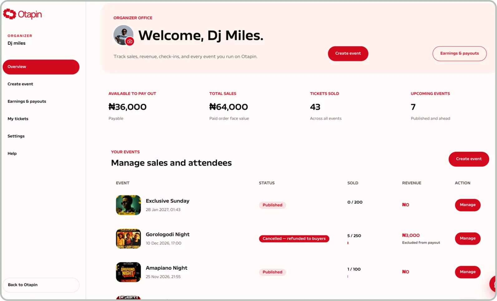 Otapin organizer dashboard showing event performance, ticket sales, attendees, and payouts